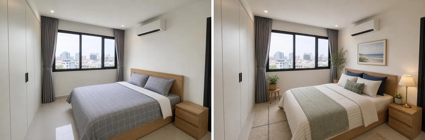 Bedroom before and after
